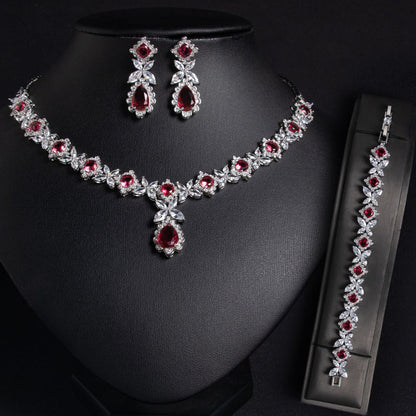 Wedding Dress Bridal Three-Piece Necklace Set – Zircon Copper Jewelry