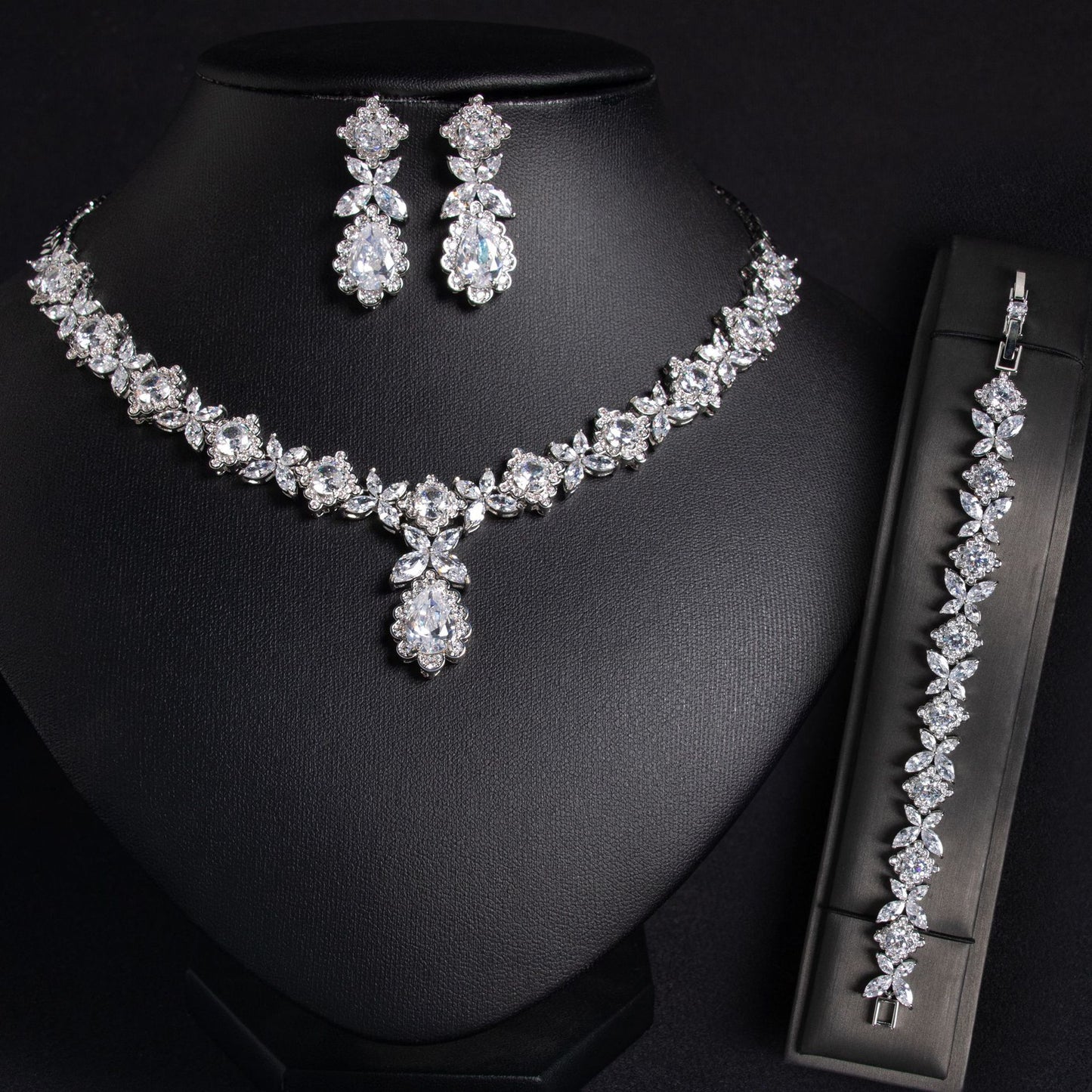 Wedding Dress Bridal Three-Piece Necklace Set – Zircon Copper Jewelry