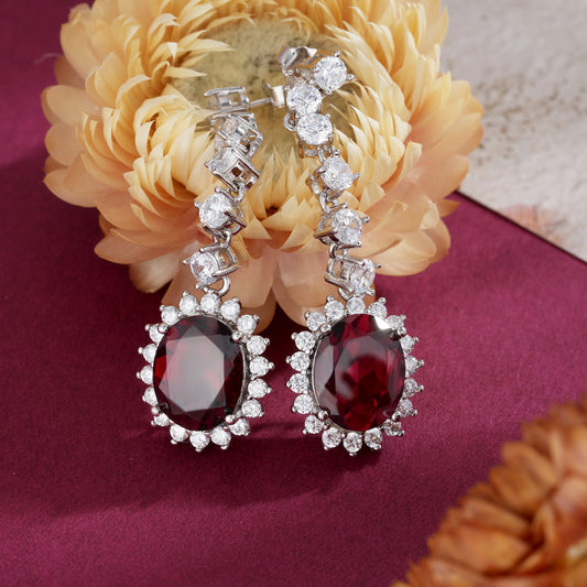 S925 Sterling Silver Natural Stone Earrings  Geometric Red Gem