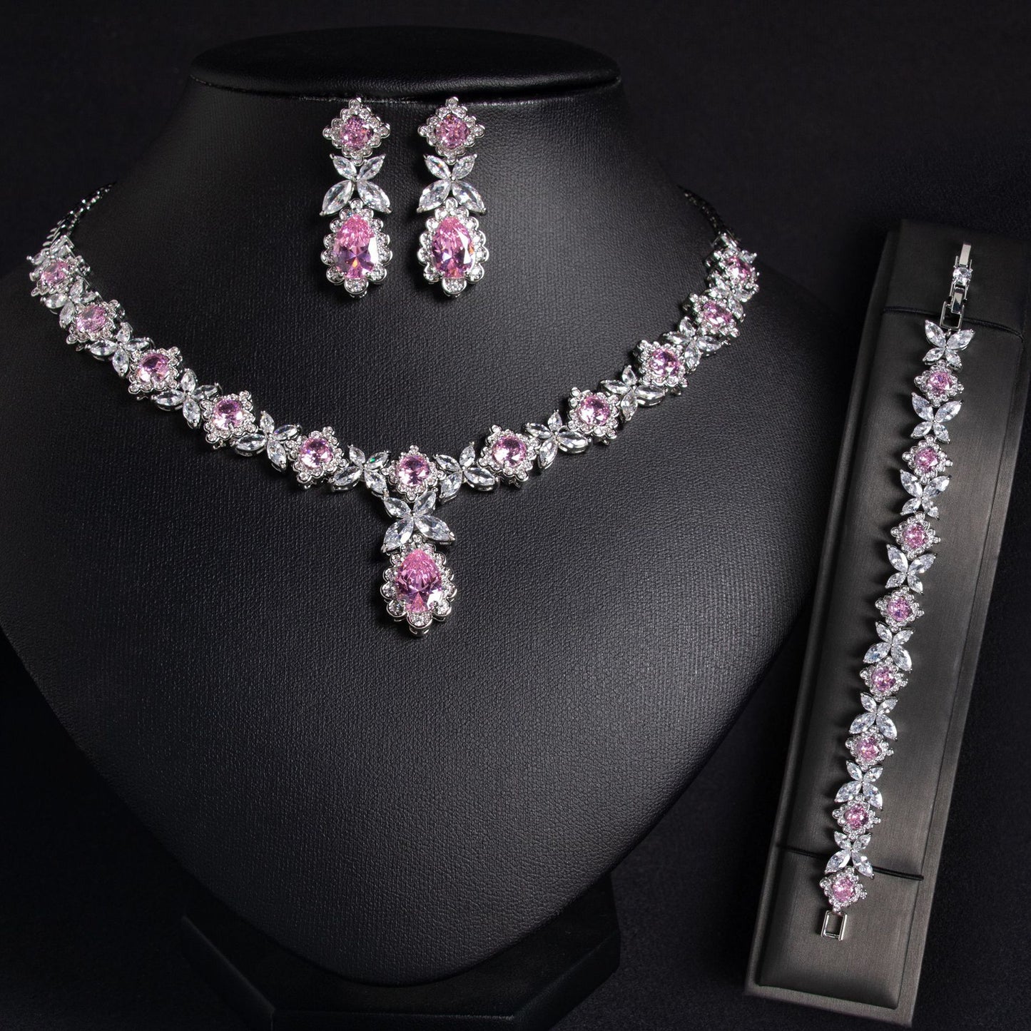 Wedding Dress Bridal Three-Piece Necklace Set – Zircon Copper Jewelry