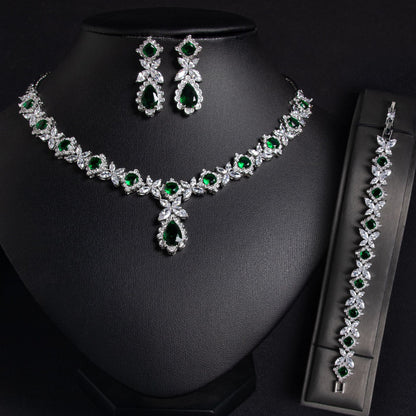 Wedding Dress Bridal Three-Piece Necklace Set – Zircon Copper Jewelry