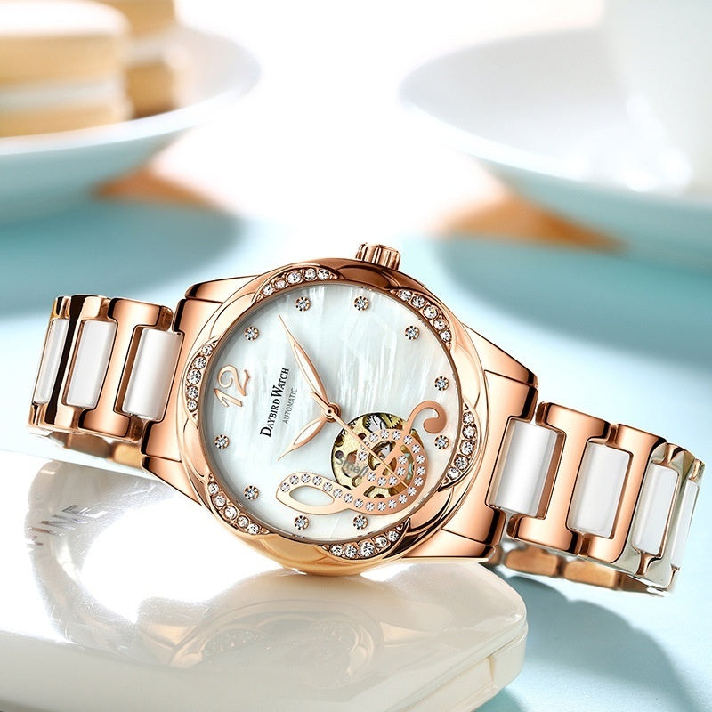 Deyi Bird Women’s Automatic Mechanical Watch – Wine-Red Hollow Dial