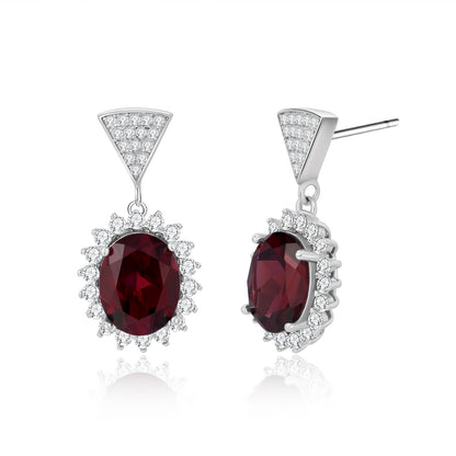 Mild Luxury Retro Natural Garnet Earrings  Silver Geometric Design