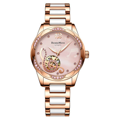 Deyi Bird Women’s Automatic Mechanical Watch – Wine-Red Hollow Dial